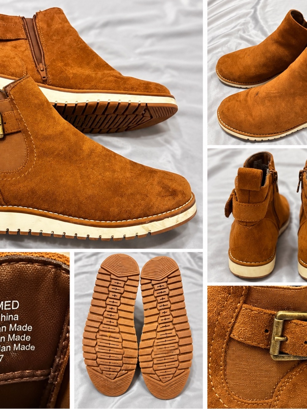 Women’s Cognac Suede Ankle Boots Buckle Side Zip Size 8M